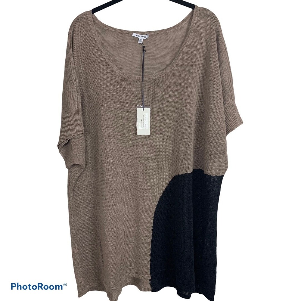 NWT Lisa Todd Knit Linen Tunic Scoop Neck Short Sleeve Shirt Plus 1X Taupe Black